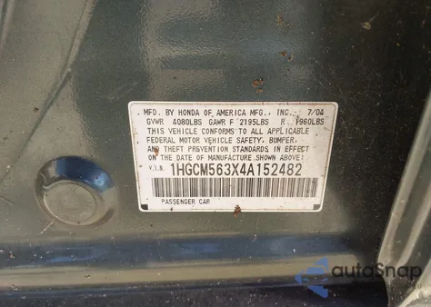 2004 Honda Accord 2.4 Lx из США, поврежденный, VIN 1HGCM563X4A152482